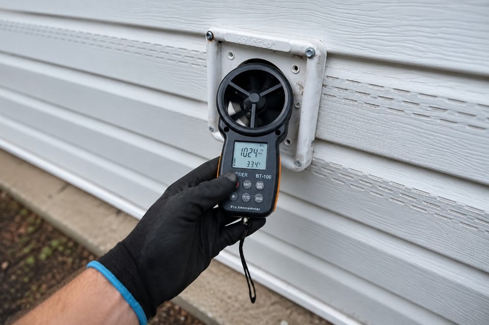 Technician holding an anemometer to measure airflow at a dryer exhaust vent