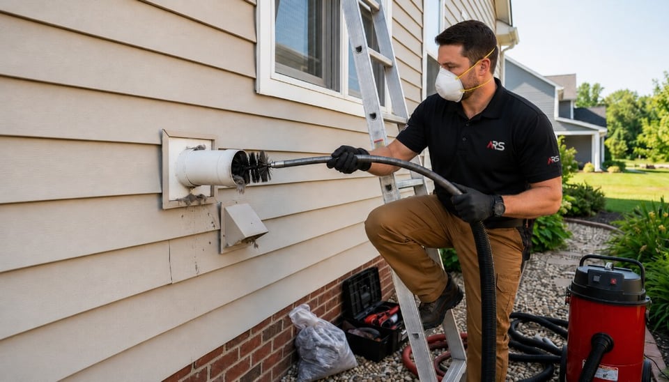 ARS technician on a ladder cleaning an exterior dryer vent with a rotary brush