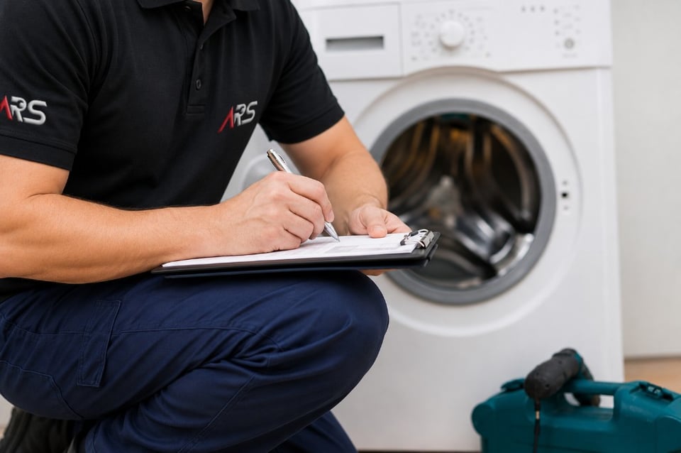 ARS technician writing a service report on a clipboard in front of a dryer