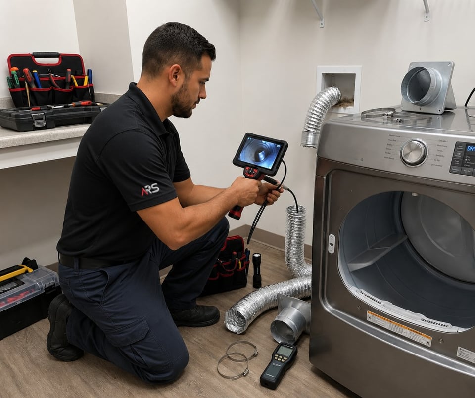 ARS technician using a camera scope to inspect a dryer vent duct