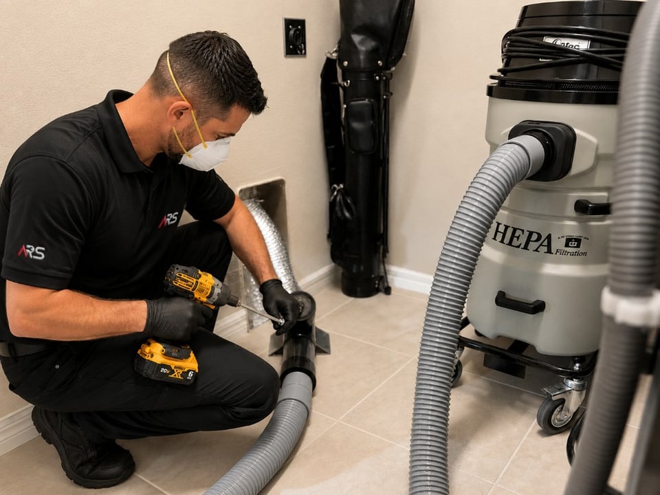 ARS technician cleaning a dryer vent with a HEPA vacuum
